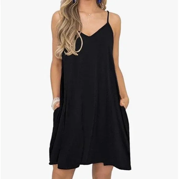 Womens Size L Black Sleeveless Tank Dress w Pockets - Picture 1 of 15